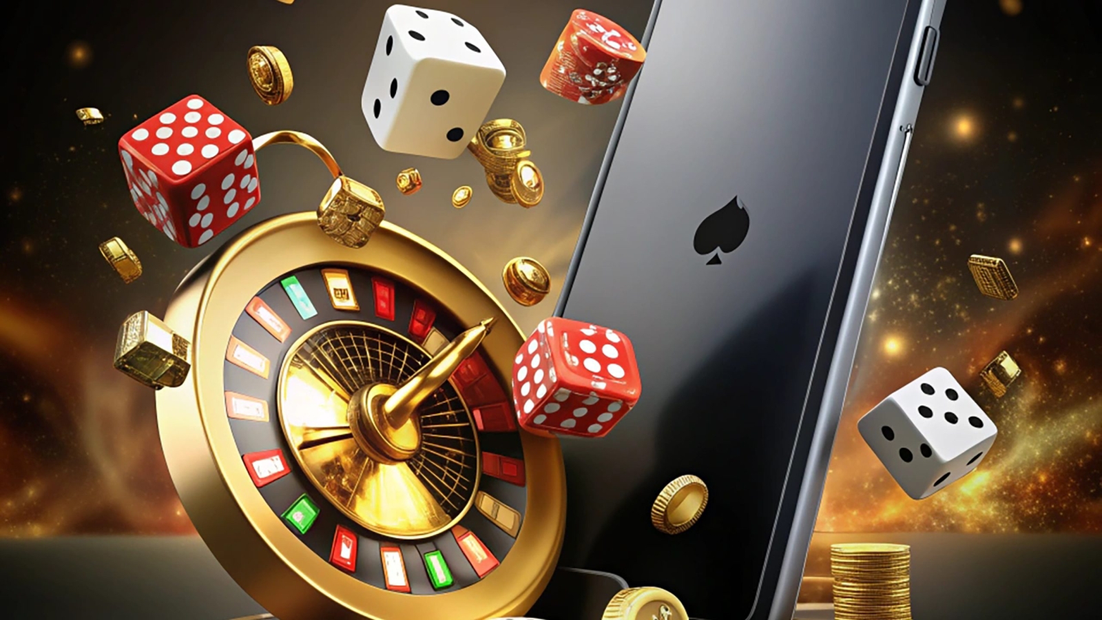 Games roulette, poker chips and dice float away from smartphon