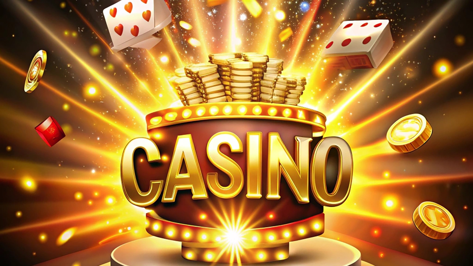 The word Casino, surrounded by a luminous frame and attributes of gambling